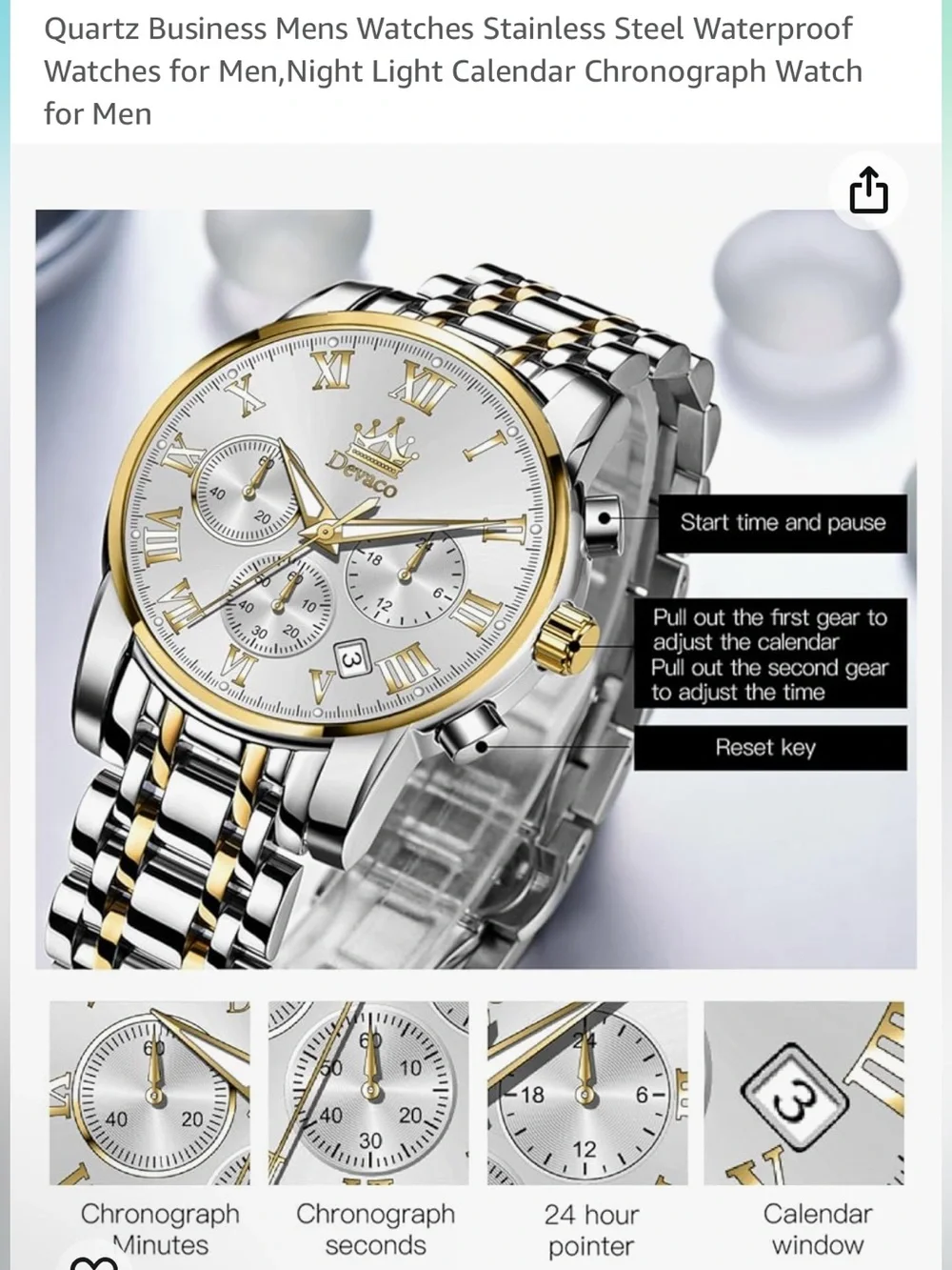 New! QUARTZ Devaco Business Mens Chronograph Watch Stainless Steel Waterproof